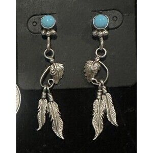 Artisan Native American Sterling Silver 925 Turquoise Earrings Leaf Feather